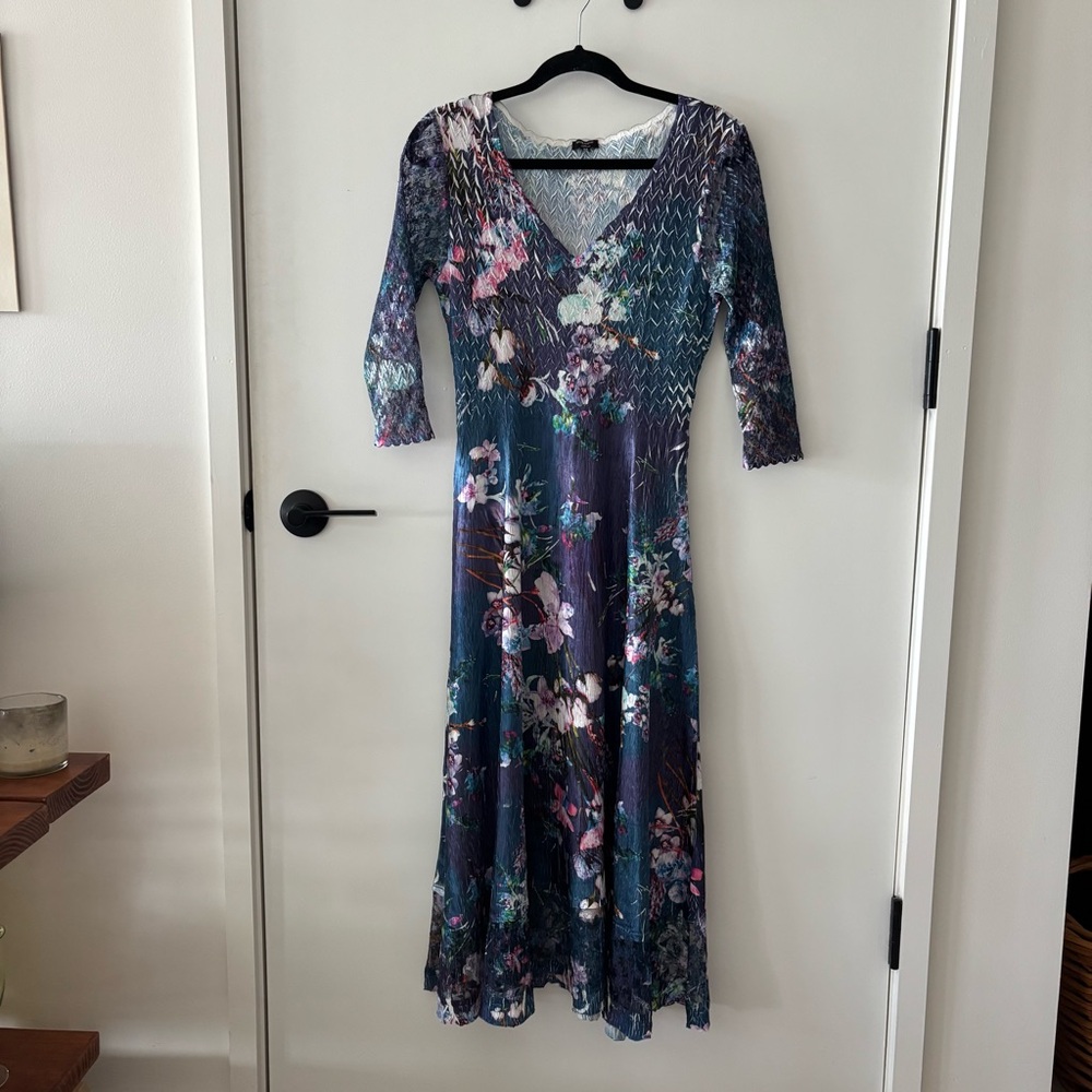 Komarov Like New Floral Lace Trim Midi Dress – Size M – Made in USA